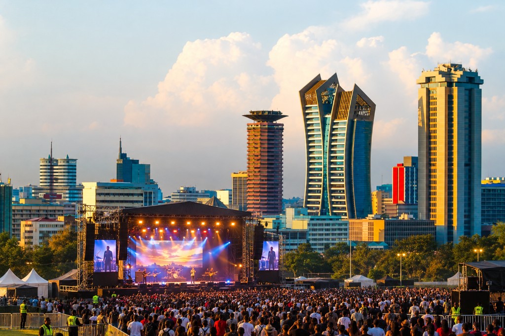 An outdoor event with the Nairobi skyline in the background